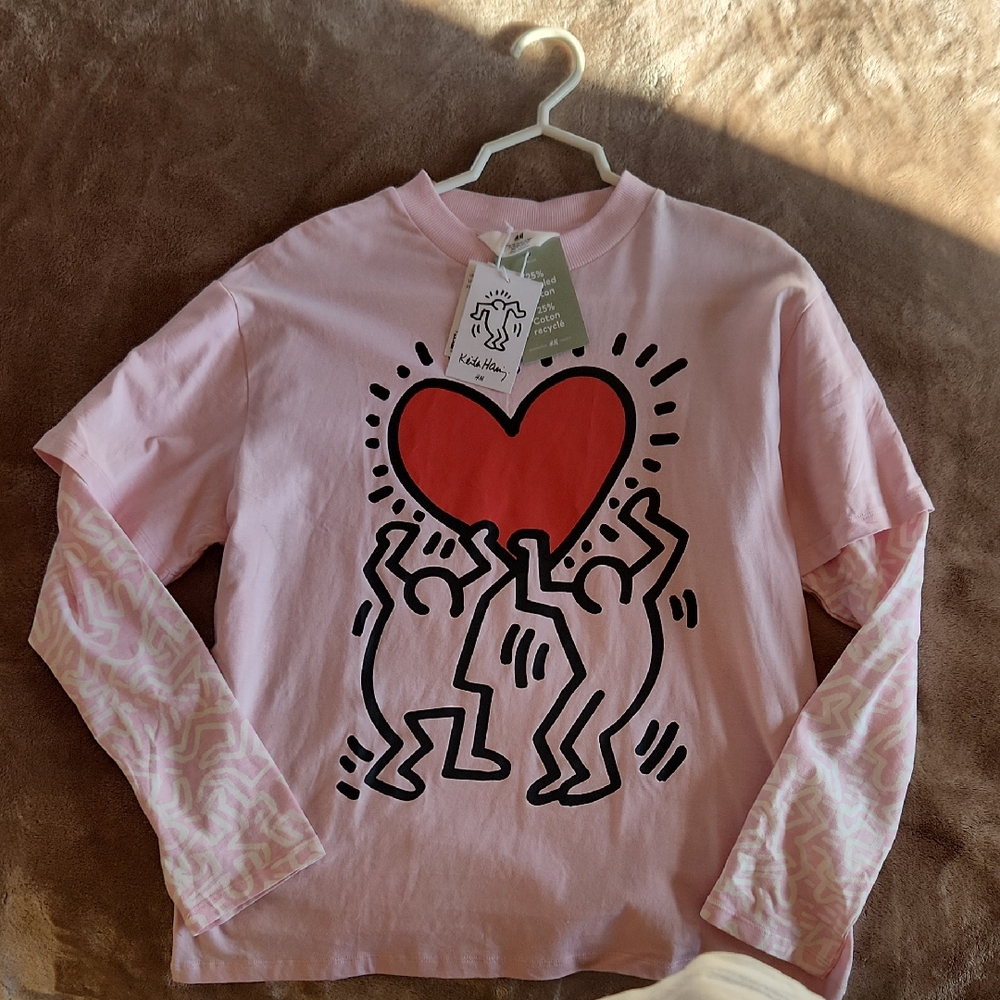 ❤️New H&M Keith Hering Pink Long Sleeve Tee w/Heart Graphic Sz Y20 Boys Or Girls